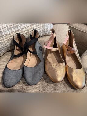 Monkey Feet Leather Ballet Flats Lot Sz 40 US 9-9.5 Metallic Gold & Herringbone
